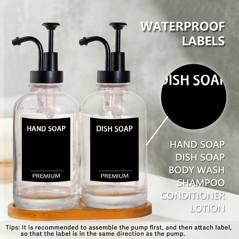 Hoousuper Dish Soap Dispenser for Kitchen, Hand Glass Soap Dispenser Set with Pump, Tray, Funnel for Bathroom, Shower, Laundry, Liquid, Lotion (Black 2 Pack 18 Oz Clear Bottles with 12 Stickers) - Image 5